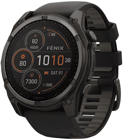 Умные часы Garmin Fenix 8 51 мм, Solar, титан с DLC, сапфир, силиконовый ремешок цвета чёрный/«серая галька»
